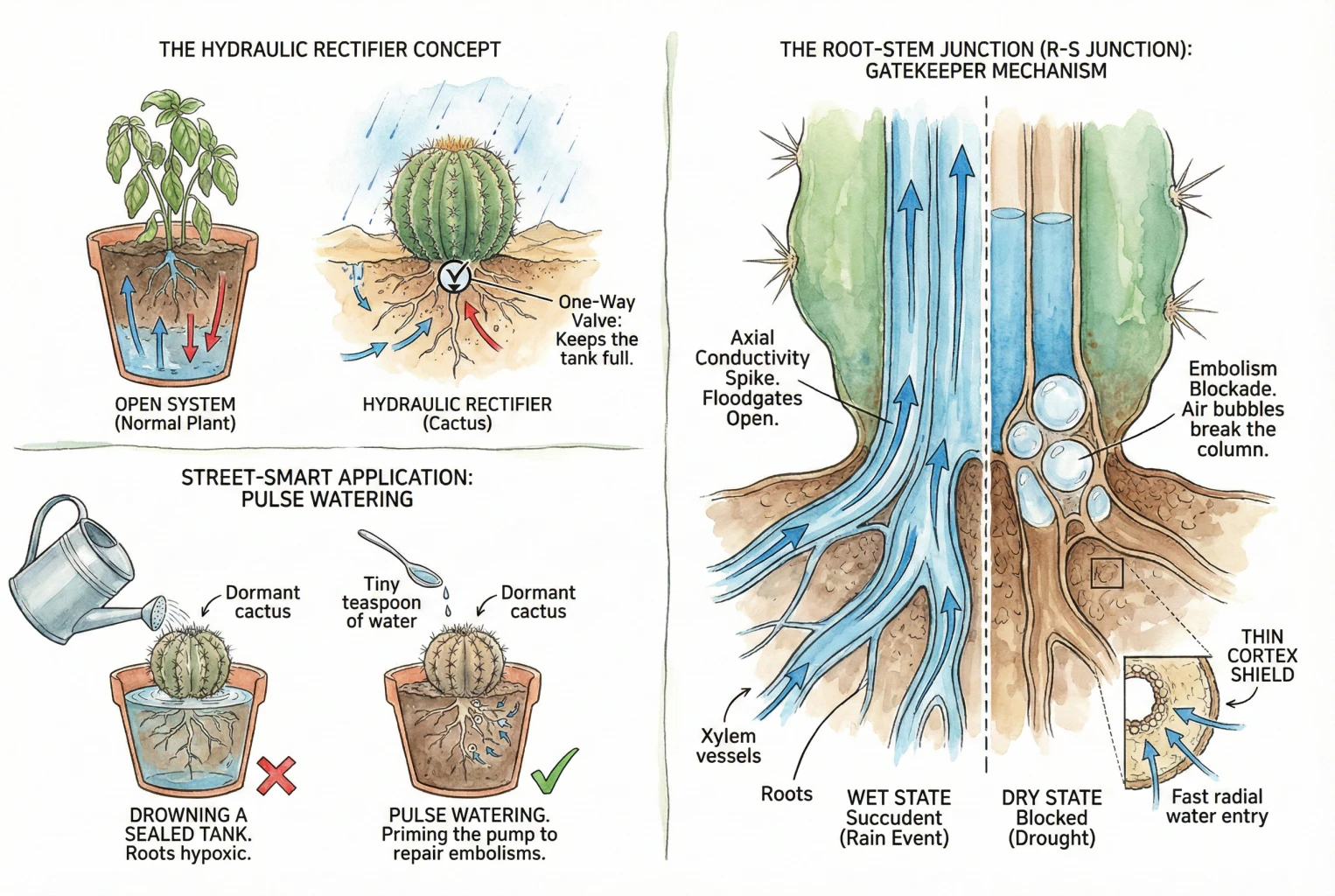 Resumen del transporte de agua en las raíces y el tallo de un cactus