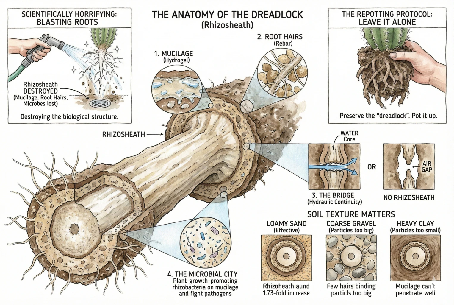 Partículas de suelo retenidas alrededor del sistema radicular de un cactus