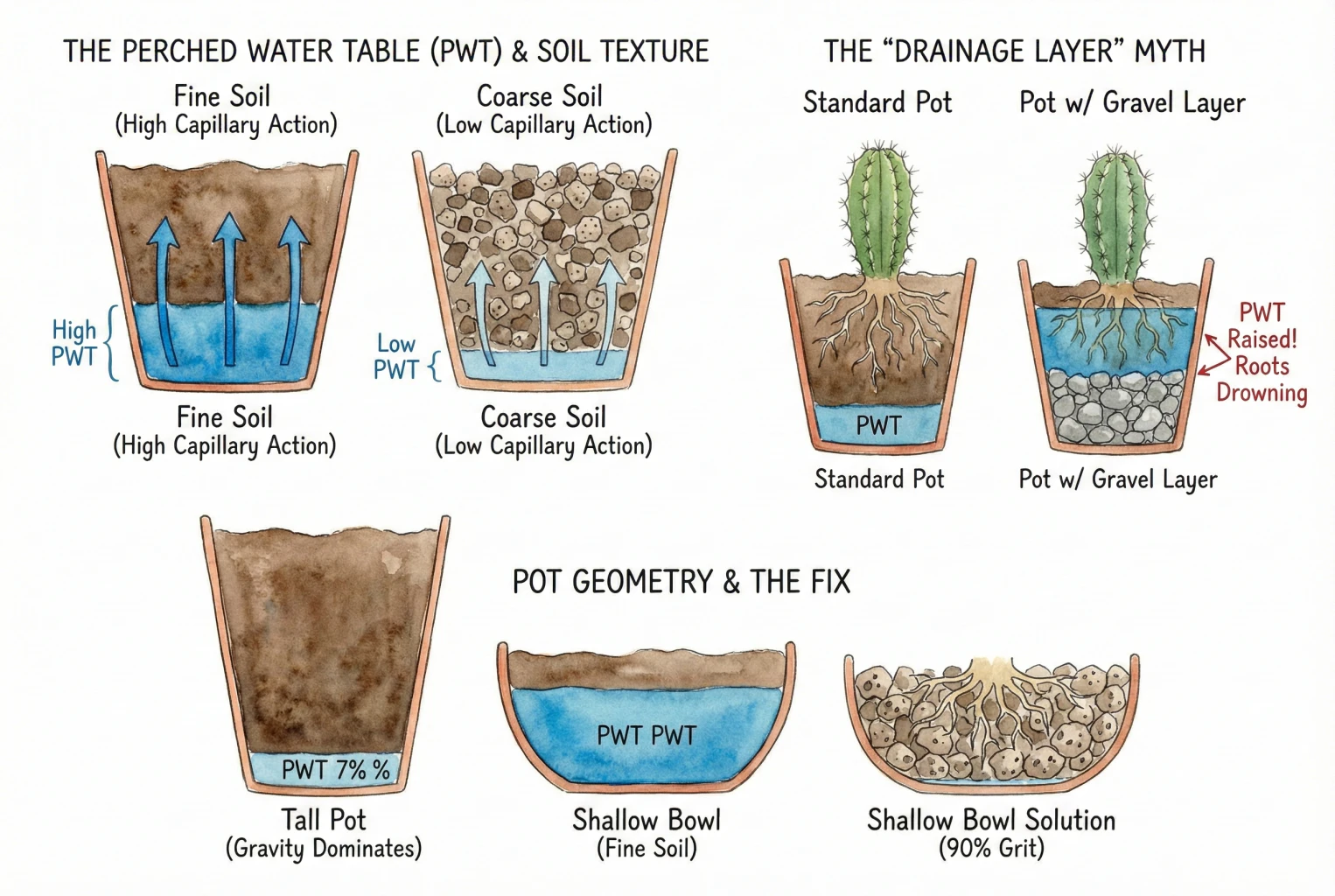 Distribución del agua en macetas de cactus con y sin una capa de grava
