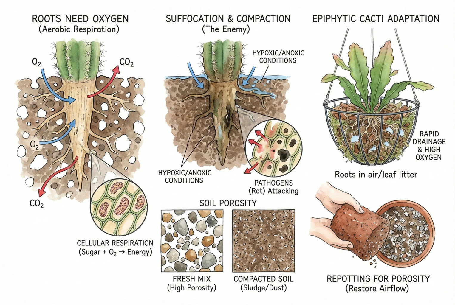 Poros de aire y agua en un sustrato de cactus nuevo y compactado