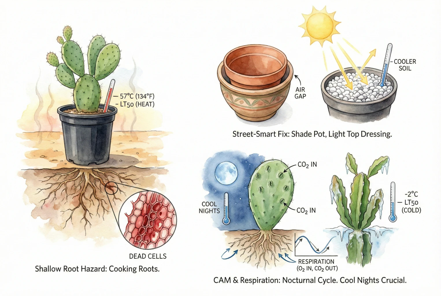 Zona radicular de un cactus expuesta al calor en un recipiente oscuro