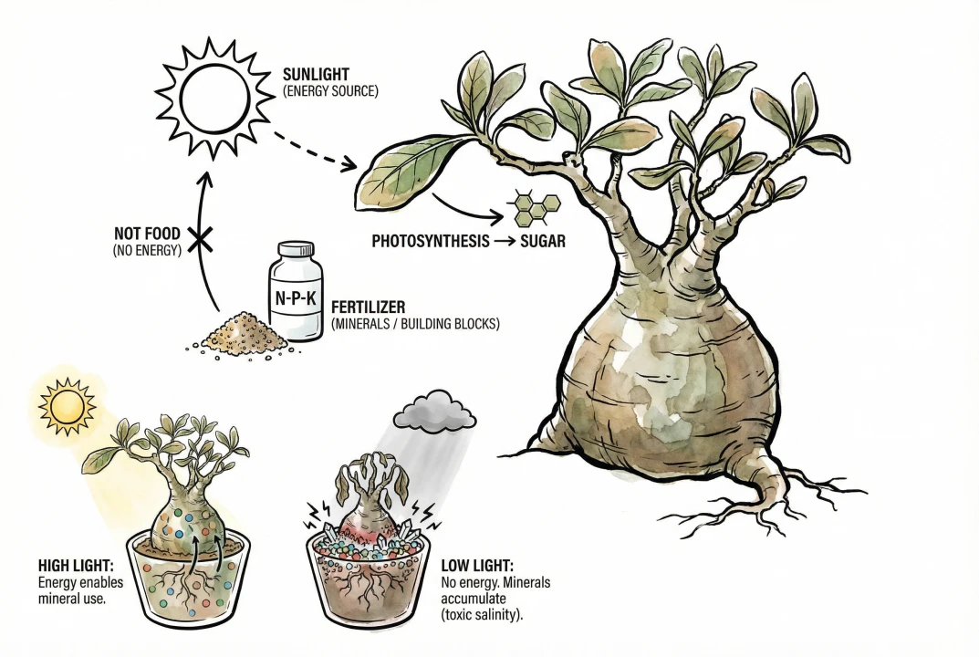 Diagram comparing photosynthesis energy versus fertilizer building blocks