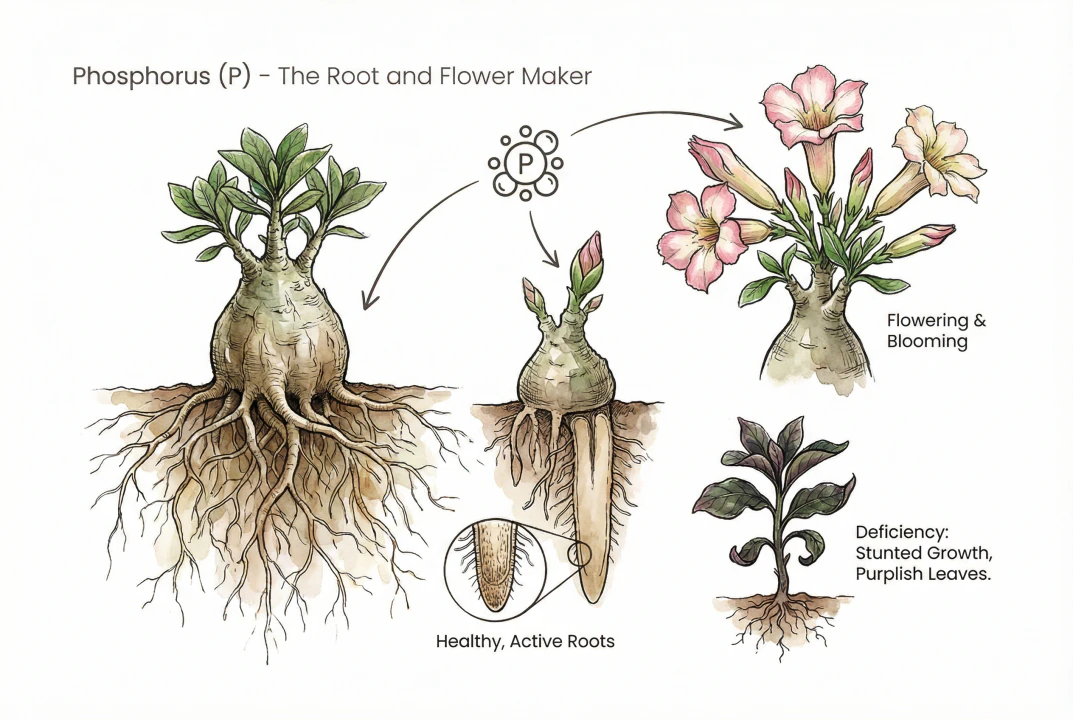 Healthy root system and flower buds on a caudex plant