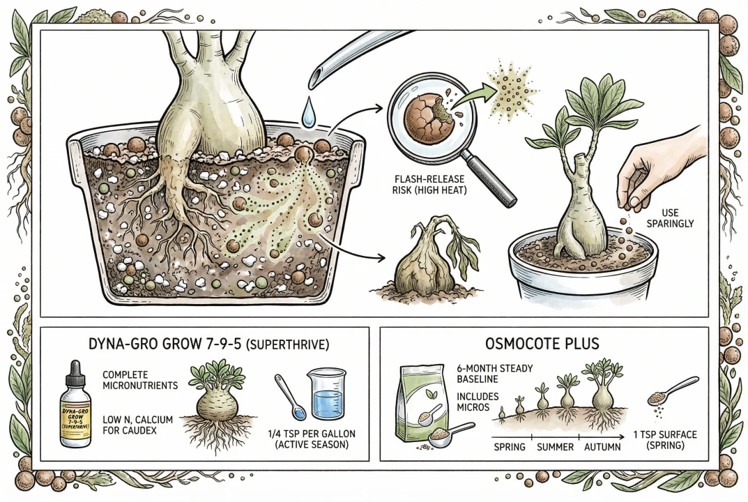 Slow-release fertilizer granules on potting soil surface