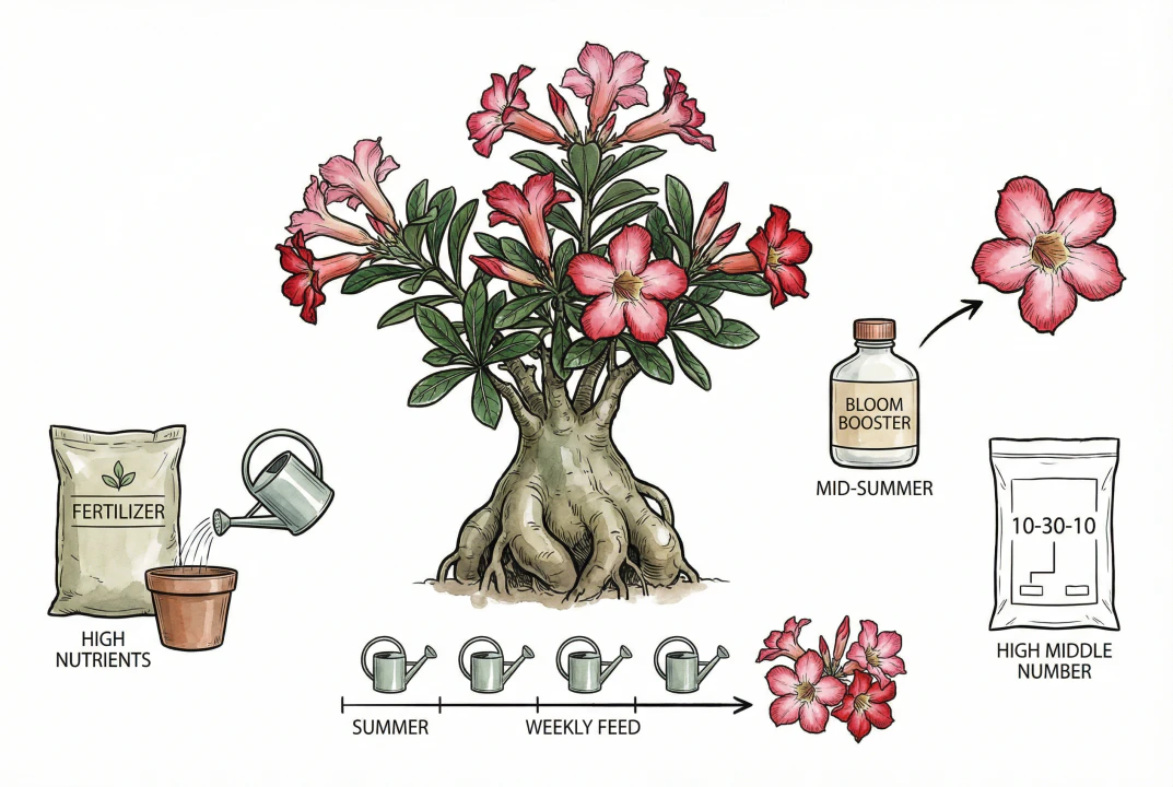 Adenium plant with large caudex and vibrant flowers