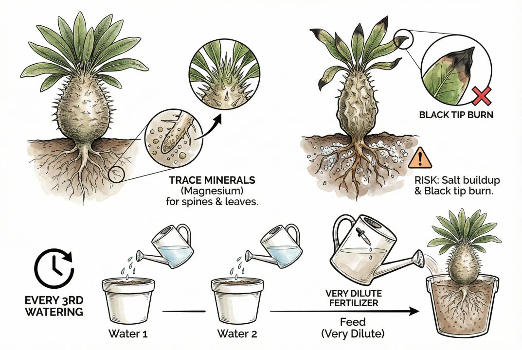 Spiny Pachypodium showing thick trunk and palm-like leaves