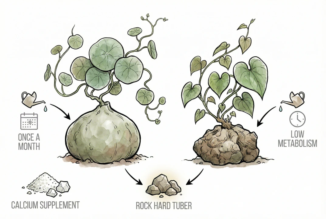 Round Stephania tuber with delicate vine growth