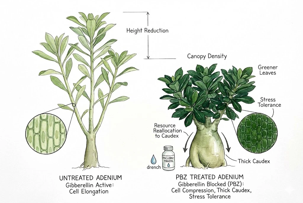 Inhibición de giberelinas y entrenudos acortados de Adenium