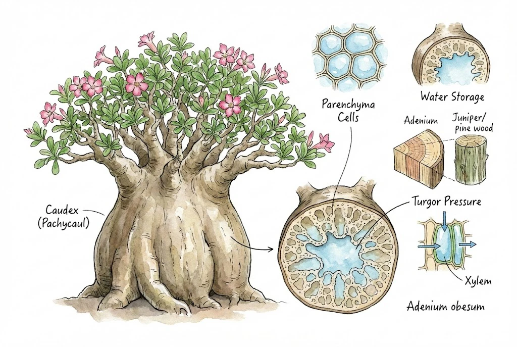 Estructura del tallo, el caudex y las raíces de Adenium