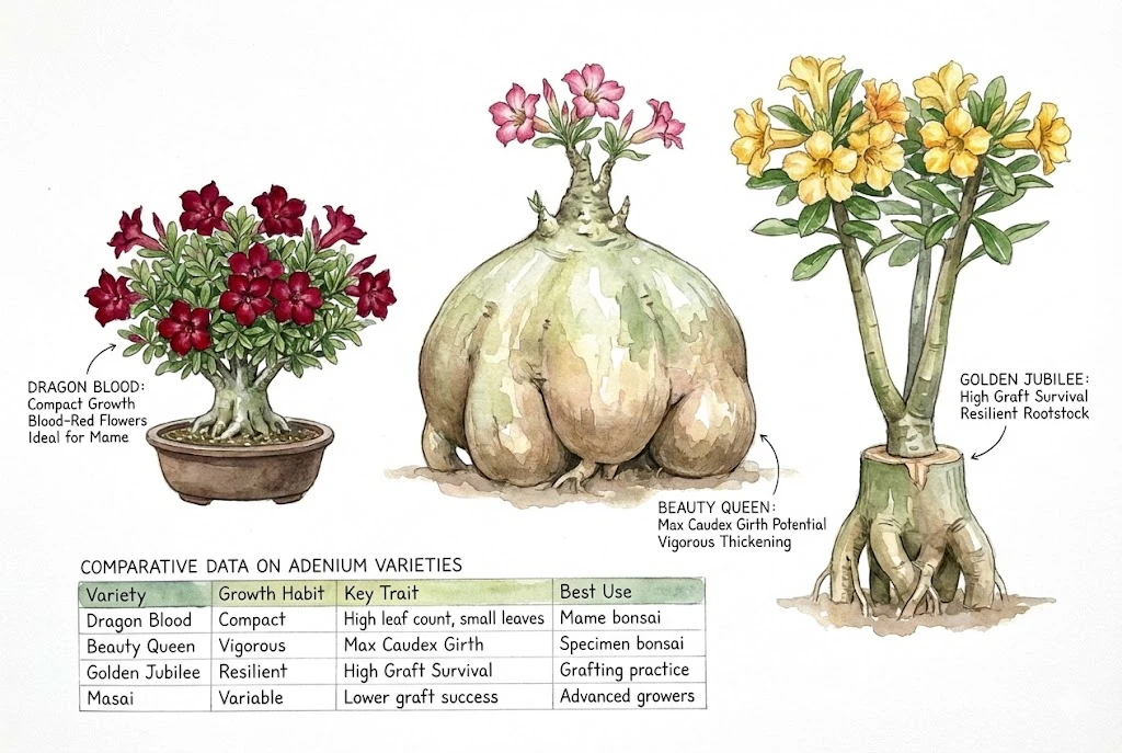 Distintos hábitos de crecimiento y formas de caudex de Adenium