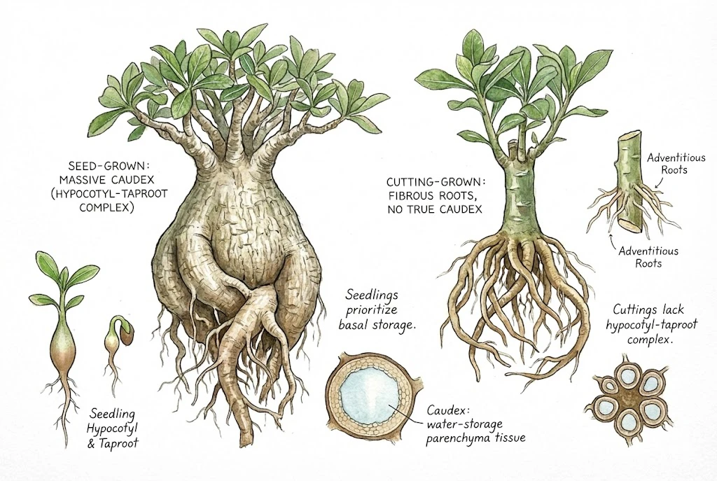 Tejido del caudex de Adenium y engrosamiento a largo plazo
