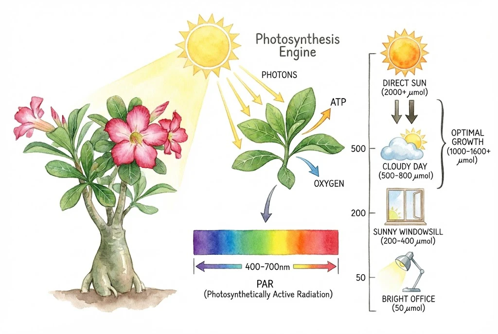 Copa de Adenium creciendo bajo luz intensa