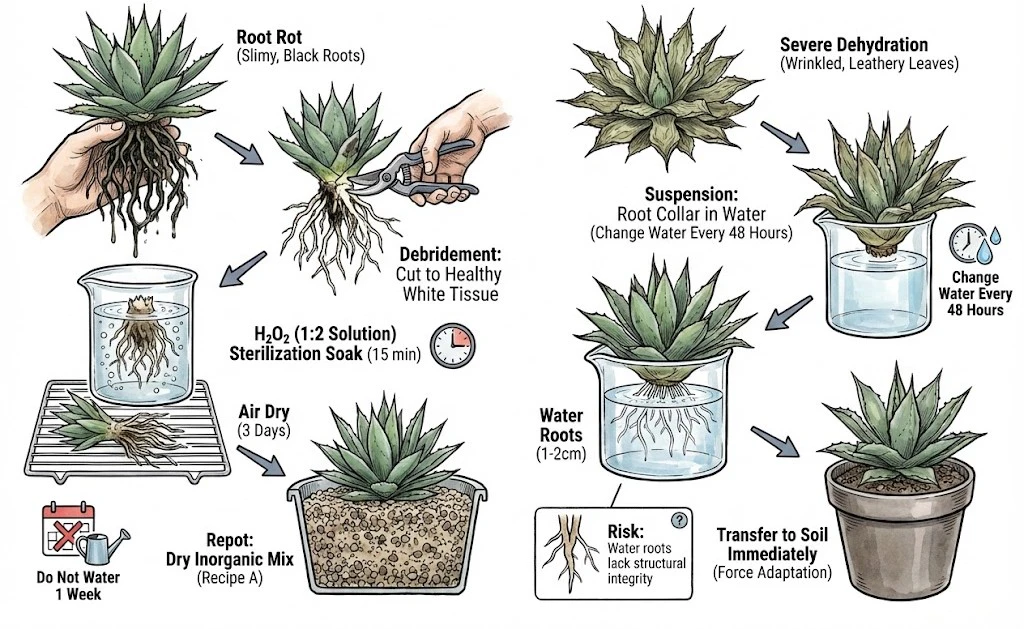 Agave Care Indoors:two Agave recovery methods: a hydrogen peroxide protocol for treating root rot, and a water therapy technique for severe dehydration.