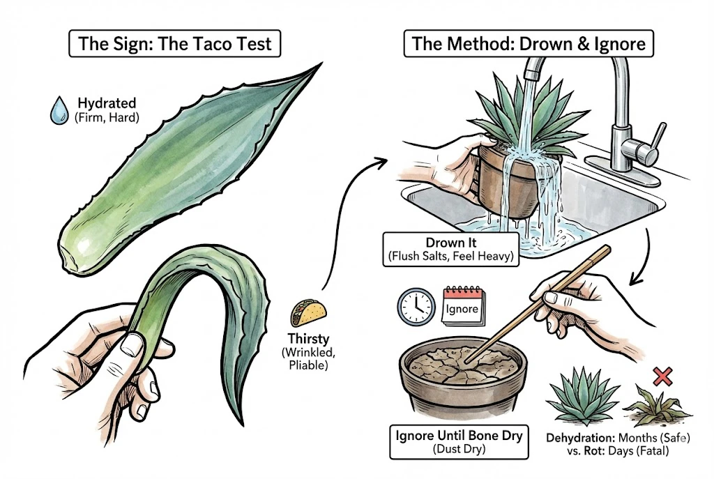 Agave Care Indoors:demonstrating the "Taco Test" for Agave watering, showing visual signs of thirst on leaves and the "drown and ignore" technique using a chopstick to ensure soil dryness.