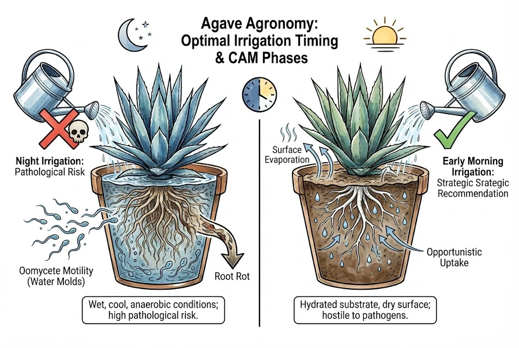 Agave Care Indoors:showing the high risk of root rot from night watering versus the benefits of early morning irrigation for potted Agave.