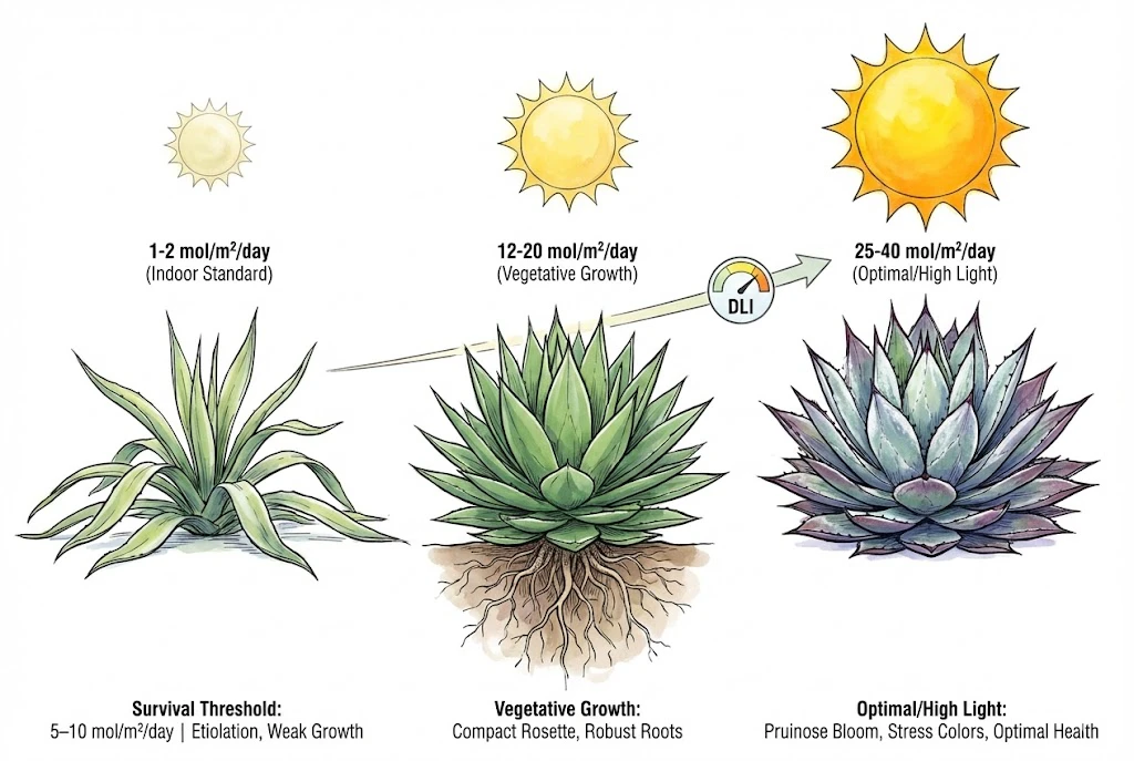 Agave Care Indoors:demonstrating Agave growth stages under varying light levels, from weak etiolation in low light to robust, colorful growth under high light.