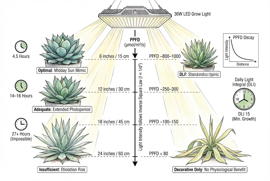 Agave Care Indoors:diagram illustrating how increasing the distance from an LED grow light drastically reduces light intensity and causes Agave etiolation.
