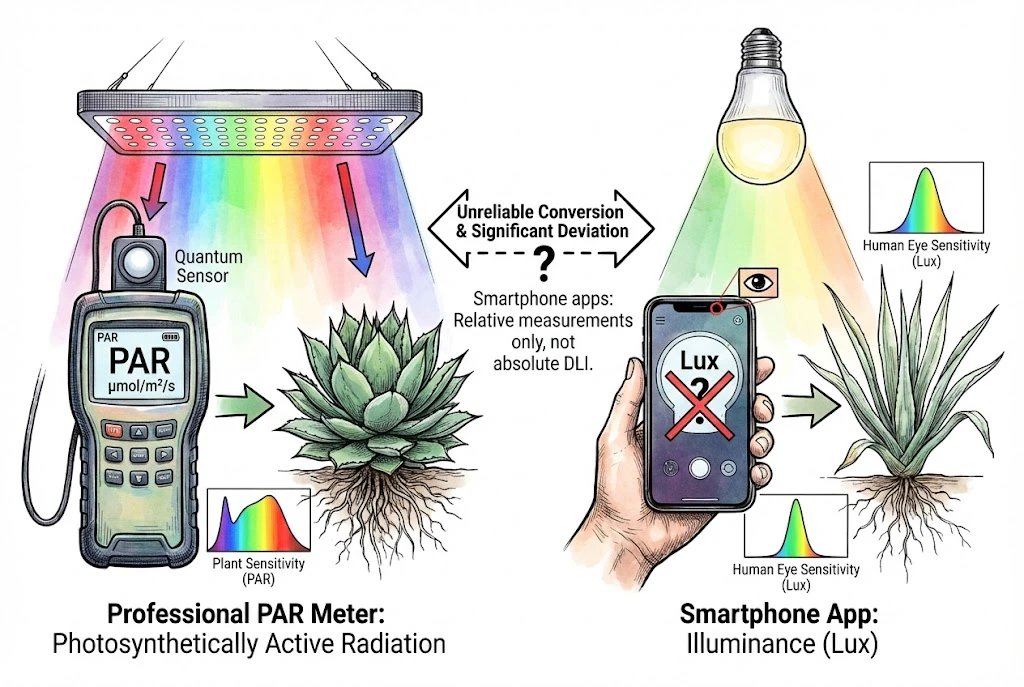 Agave Care Indoors:contrasting the accuracy of a professional PAR meter measuring plant-usable light against the unreliability of a smartphone Lux app for Agave.
