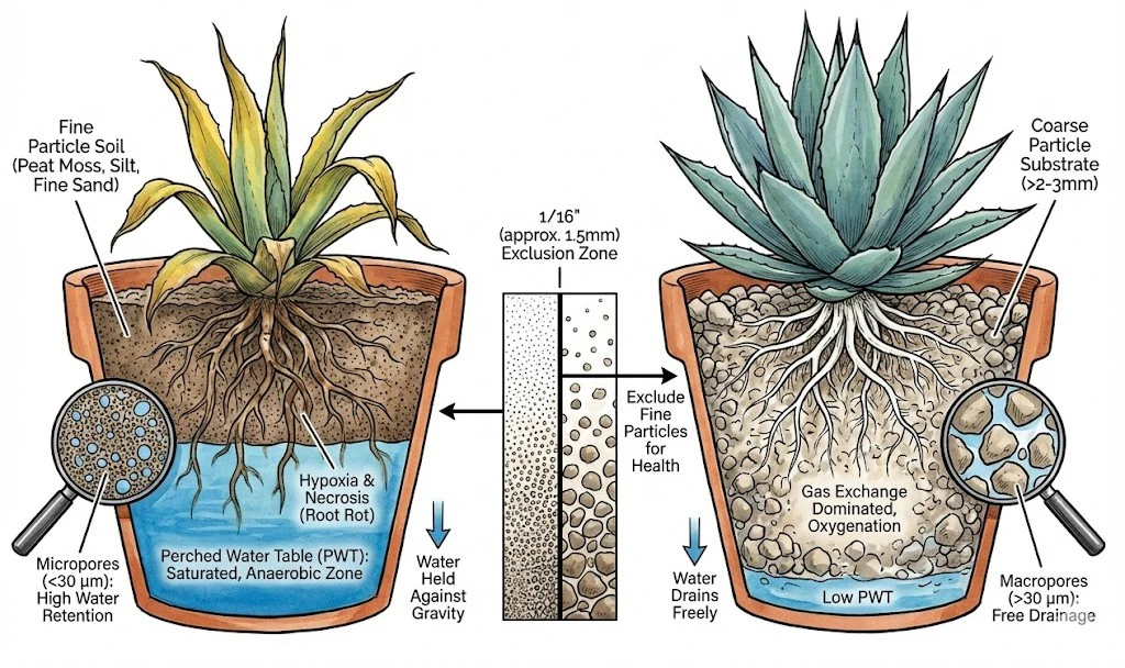 Agave Care Indoors:diagram explaining soil physics, showing how fine particles create a water-saturated zone leading to root rot, whereas coarse particles allow necessary drainage for Agave.
