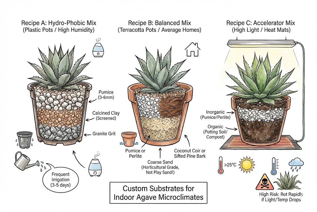 Agave Care Indoors:illustrating three custom soil mix recipes for indoor Agave, tailored for different pot types and environmental conditions like humidity or high heat.