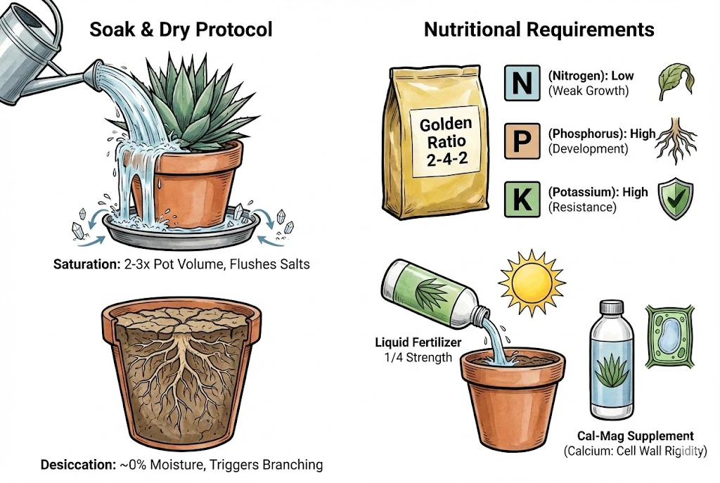 Agave Care Indoors:outlining the "Soak and Dry" watering method for Agave and their nutritional requirements, emphasizing low nitrogen and specialized fertilizers.