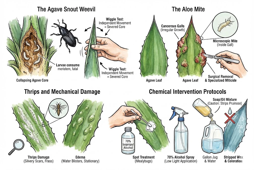 Agave Care Indoors:identifying common Agave pests and issues, Snout Weevil, Aloe Mite, Thrips, and Edema, along with corresponding identification and treatment protocols.