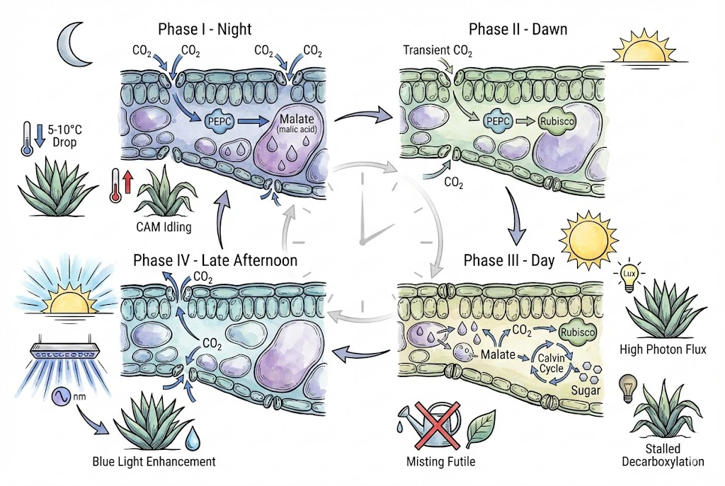 Agave Care Indoors: diagramming the four phases of Agave CAM photosynthesis in a 24-hour cycle, showing stomatal activity and chemical changes based on light and temperature.