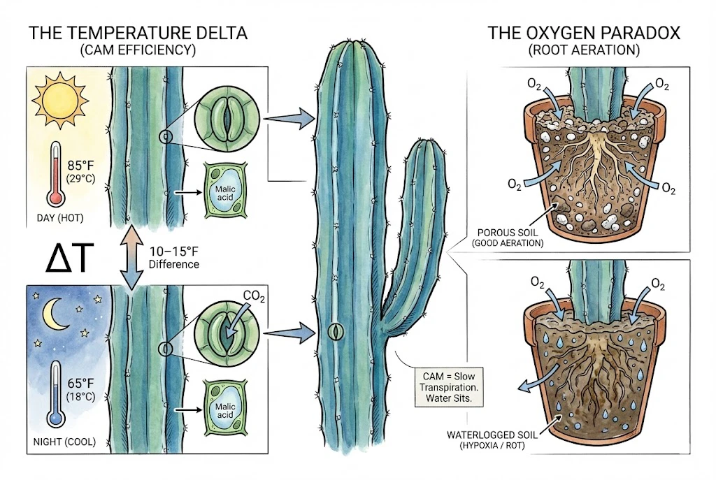 Blue Myrtle Cactus Care:A diagram emphasizing the need for a night-time temperature drop and highly porous soil to prevent root suffocation.