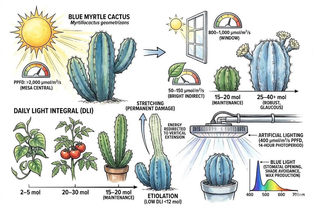 Blue Myrtle Cactus Care:An illustration defining high light requirements, contrasting healthy compact growth with stretched, weak growth from low light