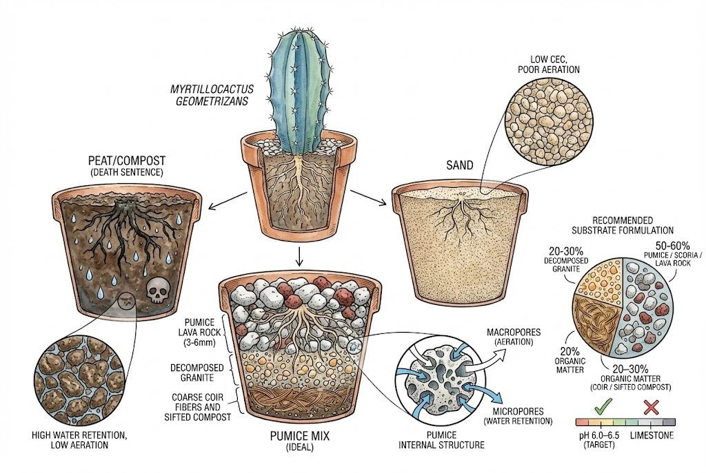 Blue Myrtle Cactus Care:A diagram of the ideal potting mix, recommending mostly porous pumice for essential aeration and drainage.