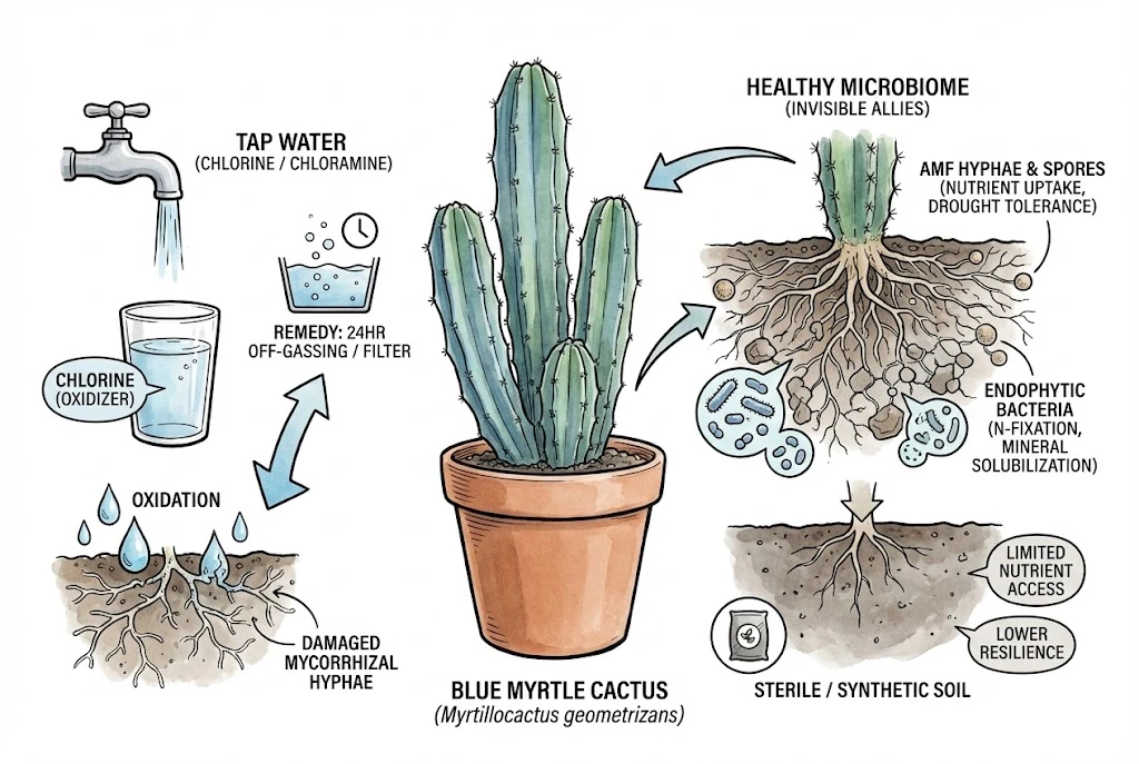 Blue Myrtle Cactus Care:An illustration of the root zone, showing beneficial microbes and warning that chlorine in tap water harms them.