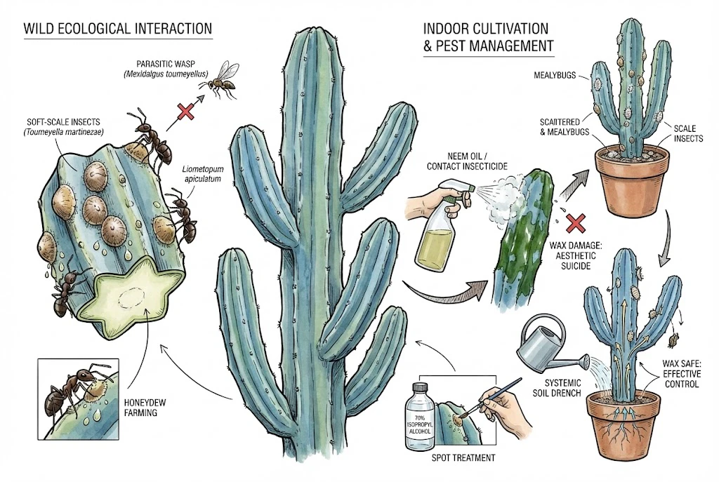 Blue Myrtle Cactus Care:A pest control diagram showing scale insects and warning that spraying oils destroys the plant's decorative blue wax.