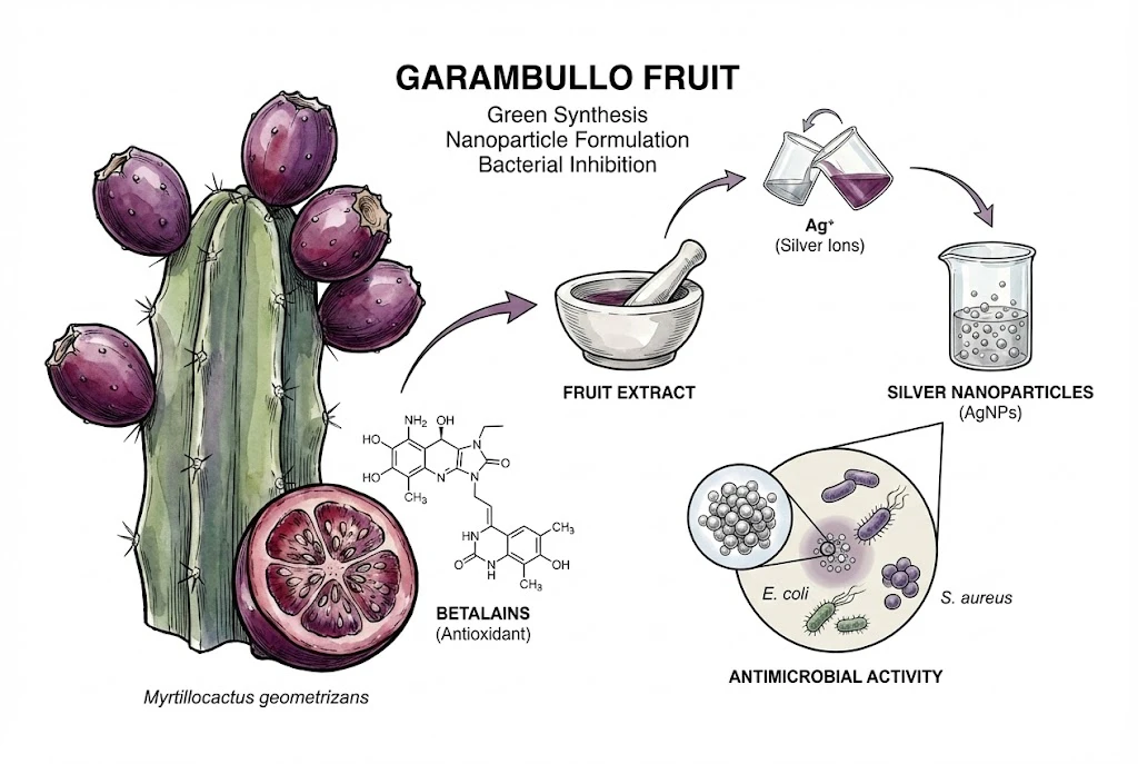 Blue Myrtle Cactus Care:An illustration of the "garambullo" fruit, highlighting its healthy pigments and its use in modern nanotechnology.