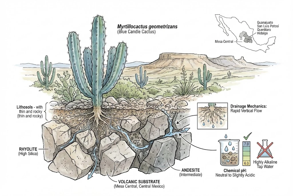 Blue Myrtle Cactus Care:A botanical illustration showing the Blue Candle Cactus growing in rocky volcanic substrate, highlighting rapid drainage and neutral pH soil.