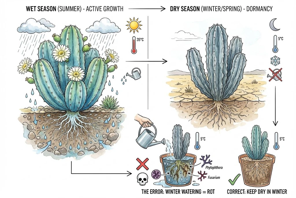 Blue Myrtle Cactus Care:An illustration depicting the cactus's wet and dry seasonal cycles, warning that winter watering causes root rot.