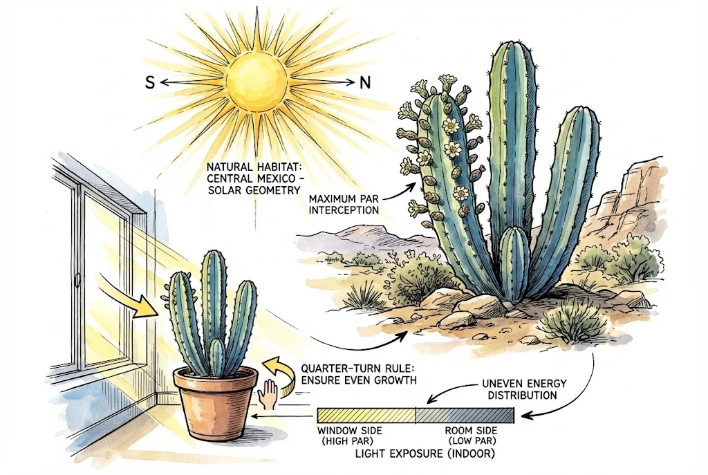 Blue Myrtle Cactus Care:A diagram showing how the sun affects growth and suggesting rotating potted plants for even light exposure.