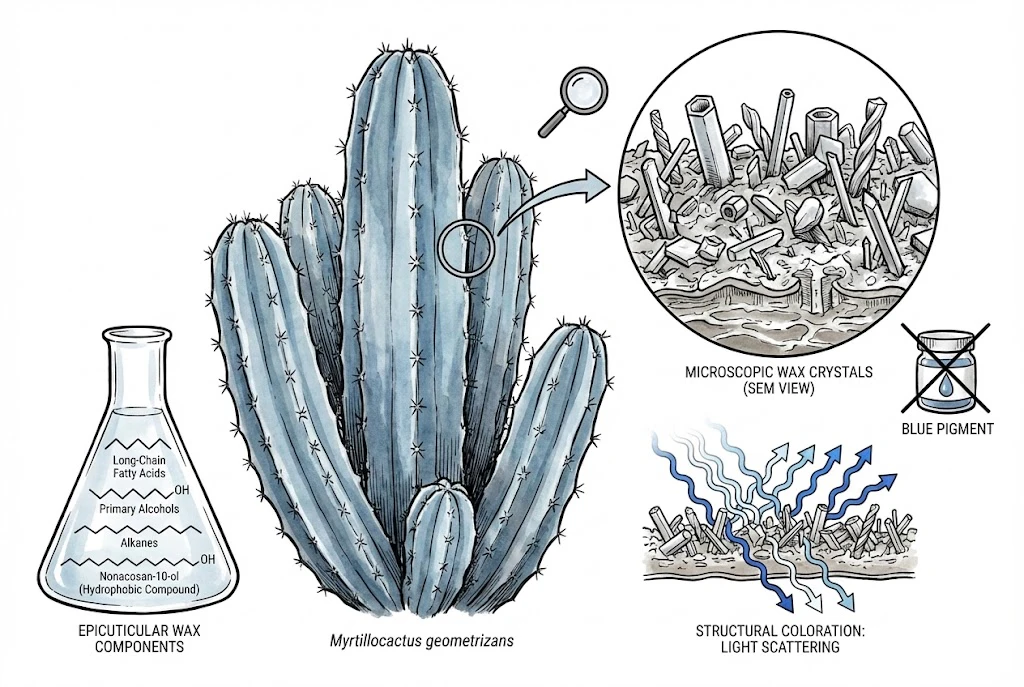 Blue Myrtle Cactus Care:A magnified view of the cactus's powdery blue skin, revealing microscopic wax crystals that are easily damaged by touch.