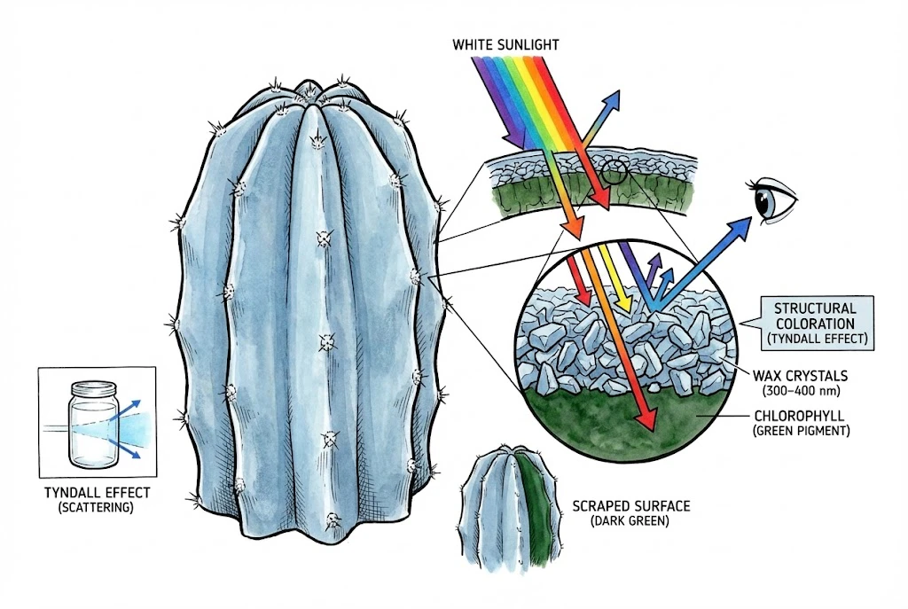 Blue Myrtle Cactus Care:A diagram explaining that the blue color is created by wax crystals scattering light, known as the Tyndall Effect.