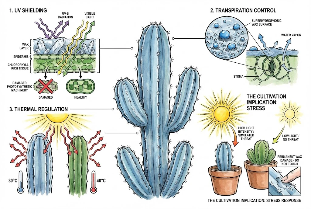 Blue Myrtle Cactus Care:An illustration showing how the blue wax protects the plant by shielding UV rays, reducing water loss, and lowering temperature.