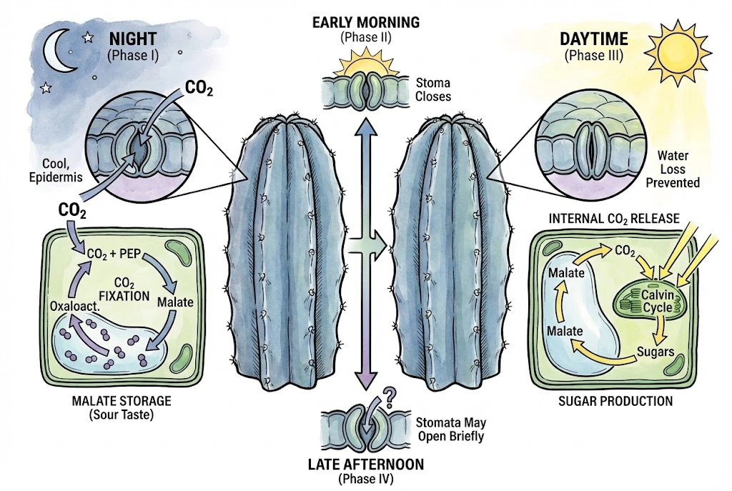 Blue Myrtle Cactus Care:A diagram of the Crassulacean Acid Metabolism (CAM) cycle, showing the cactus opening pores only at night to save water.