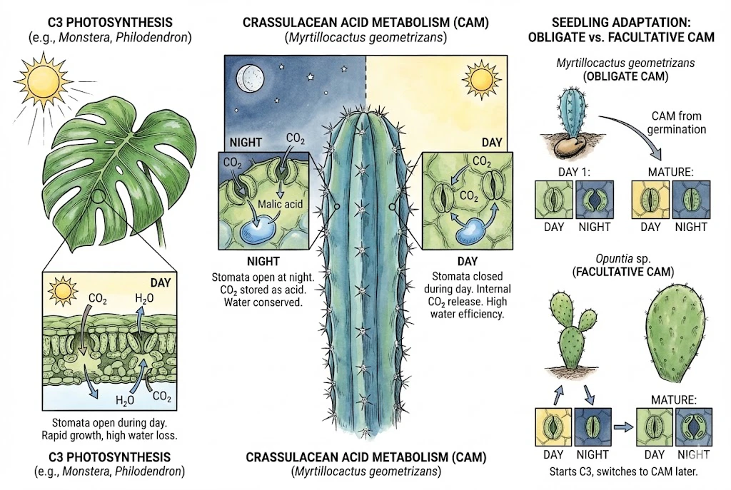 Blue Myrtle Cactus Care:An illustration showing that Blue Candle seedlings use water-saving CAM photosynthesis immediately upon germination, unlike some other cacti.