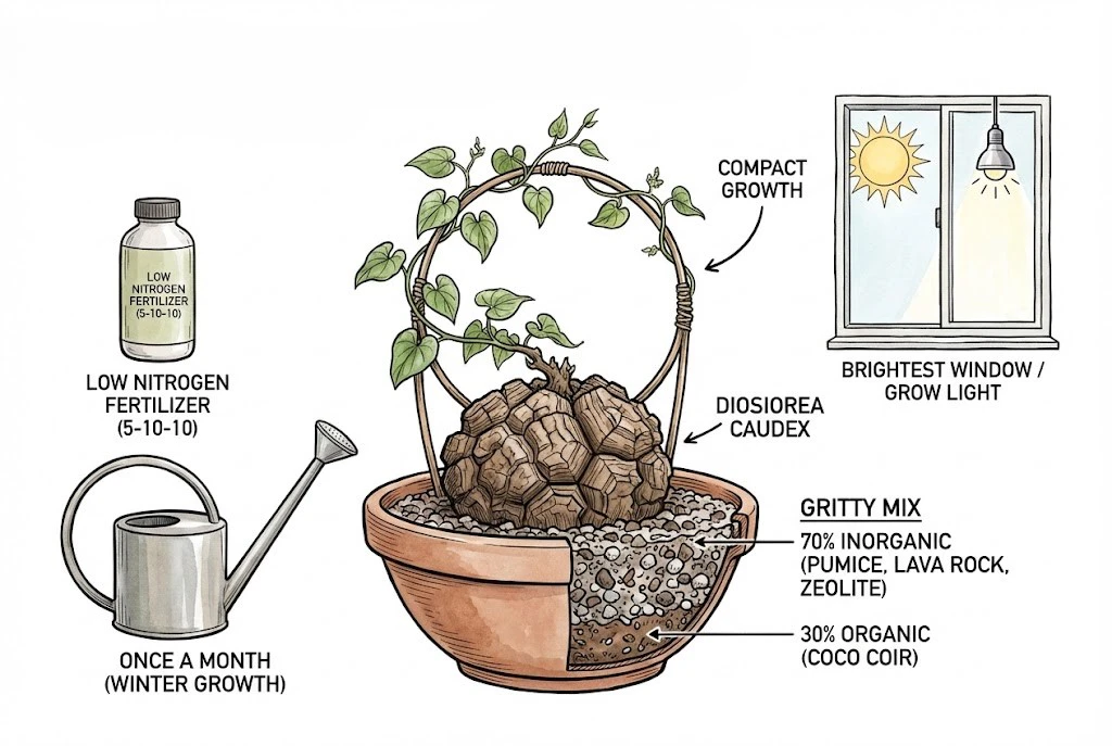 Montaje interior de una maceta de Dioscorea elephantipes con un enrejado para la liana