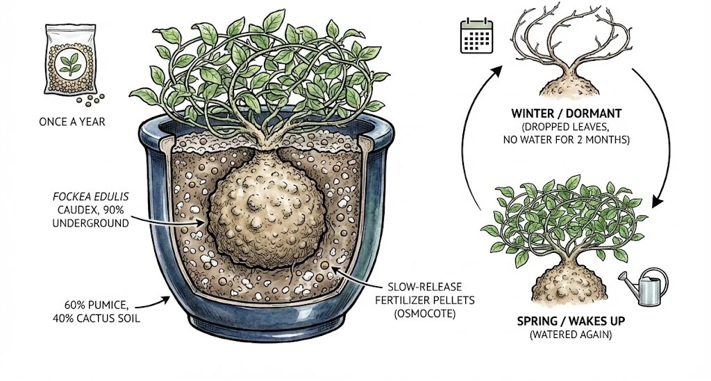 Montaje de cuidados en recipiente para Fockea edulis