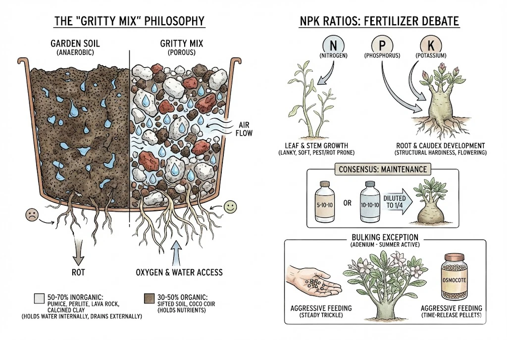 Sustrato de recipiente y consideraciones de fertilización para plantas caudiciformes