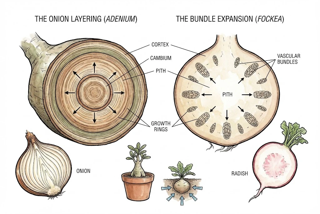 Comparación conceptual de la anatomía del caudex entre Adenium y Fockea