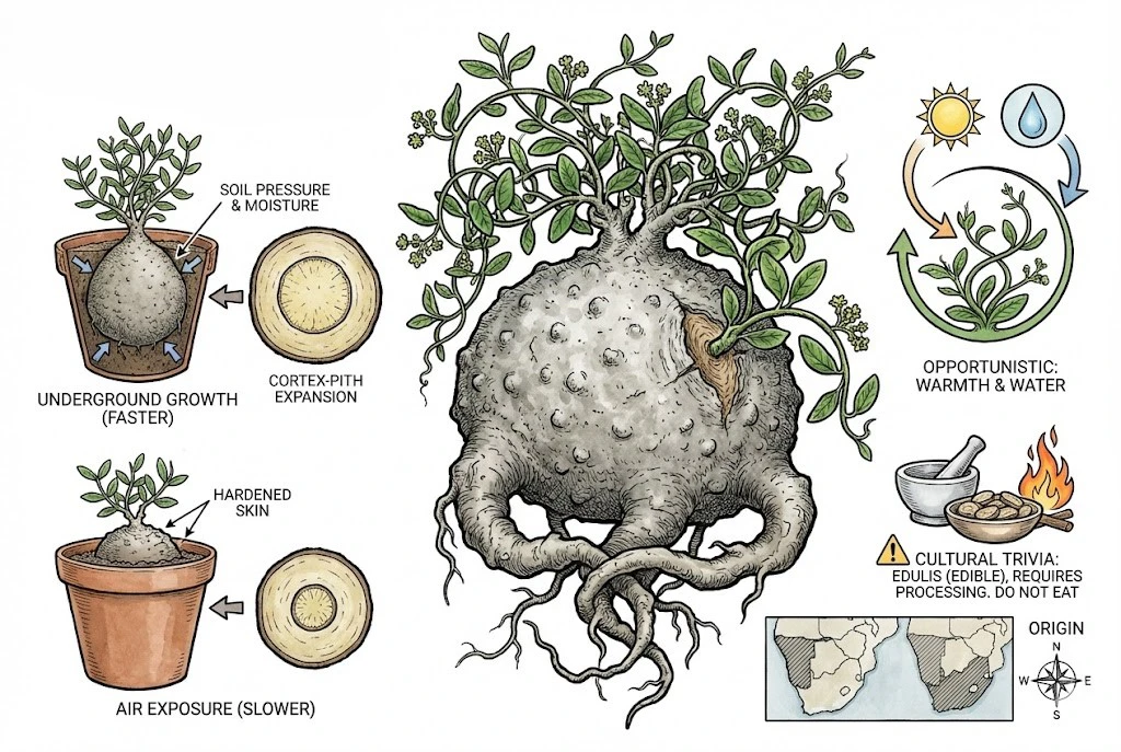 Caudex de Fockea edulis mostrado bajo y sobre la línea del suelo