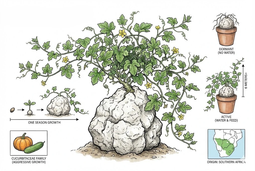 Caudex de Kedrostis africana y liana trepadora vigorosa