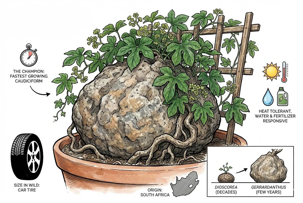 Resumen del caudex, la liana y los cuidados de Gerrardanthus macrorhizus