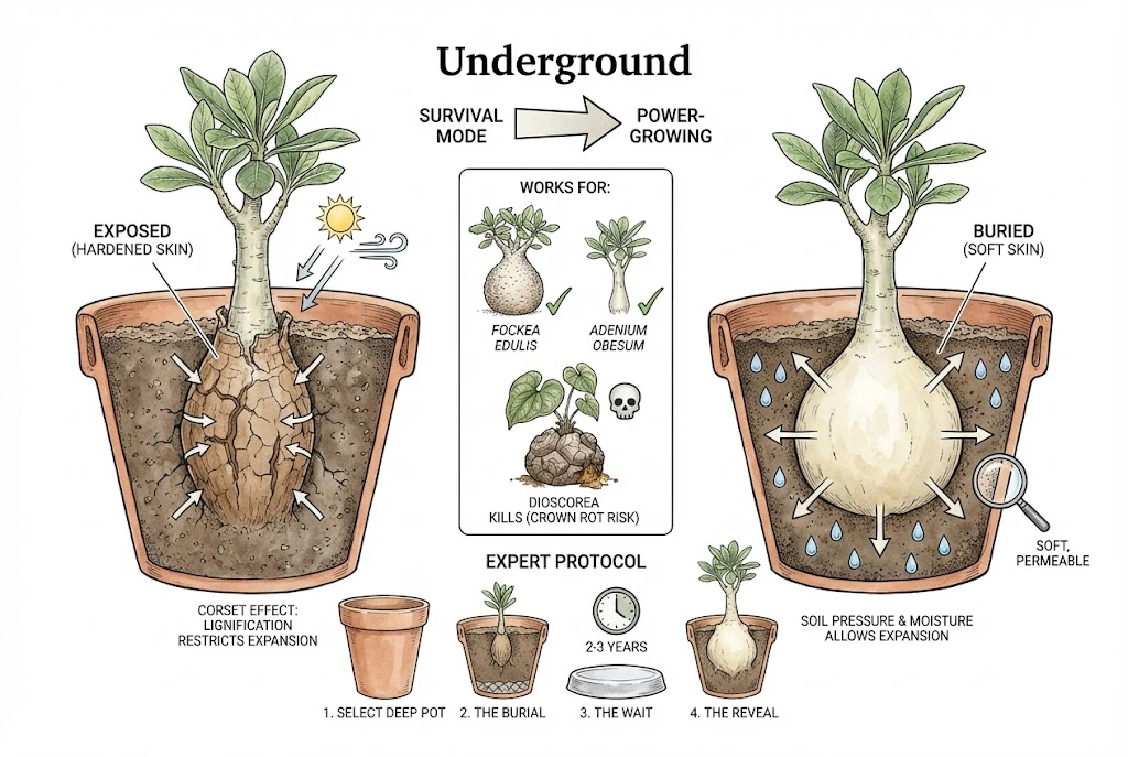 Cultivo de un caudex joven bajo la línea del suelo antes de exponerlo después