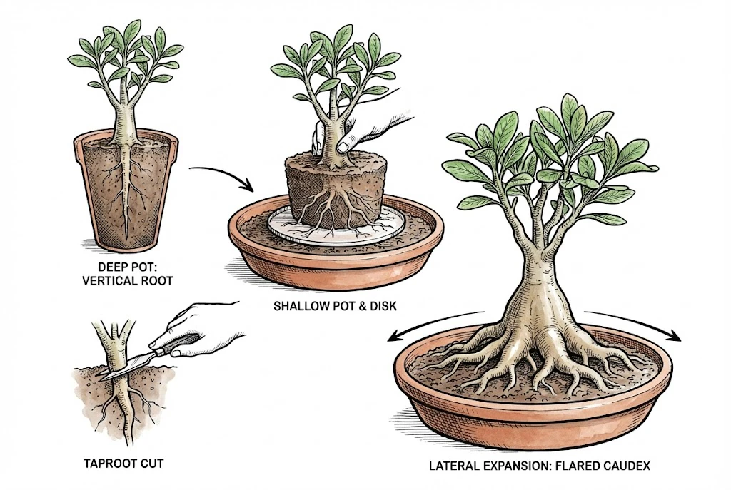 Disposición de las raíces de Adenium en una maceta de entrenamiento poco profunda